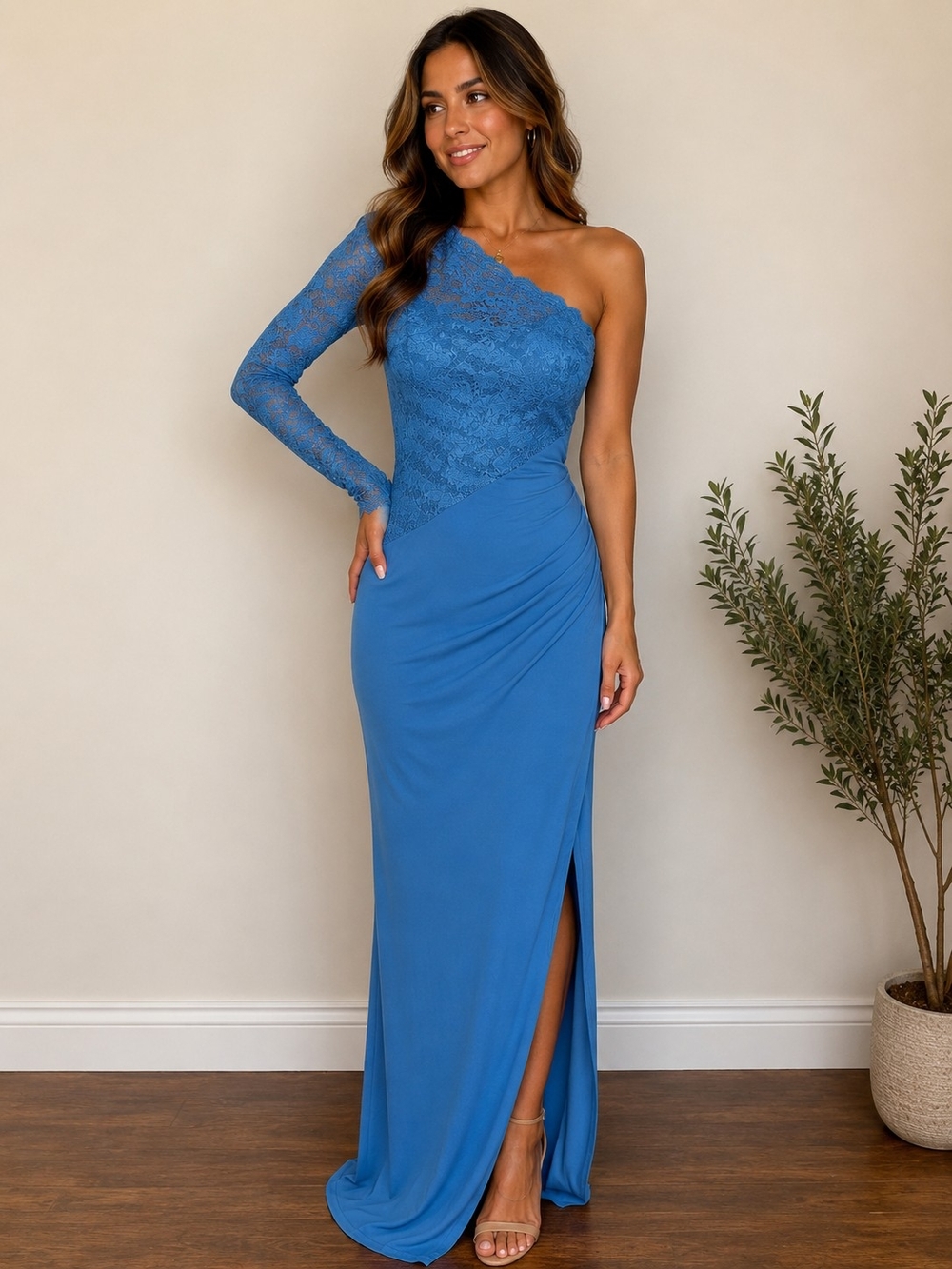 VENUS One-Shoulder Lace & Jersey Evening Gown in Bright Blue